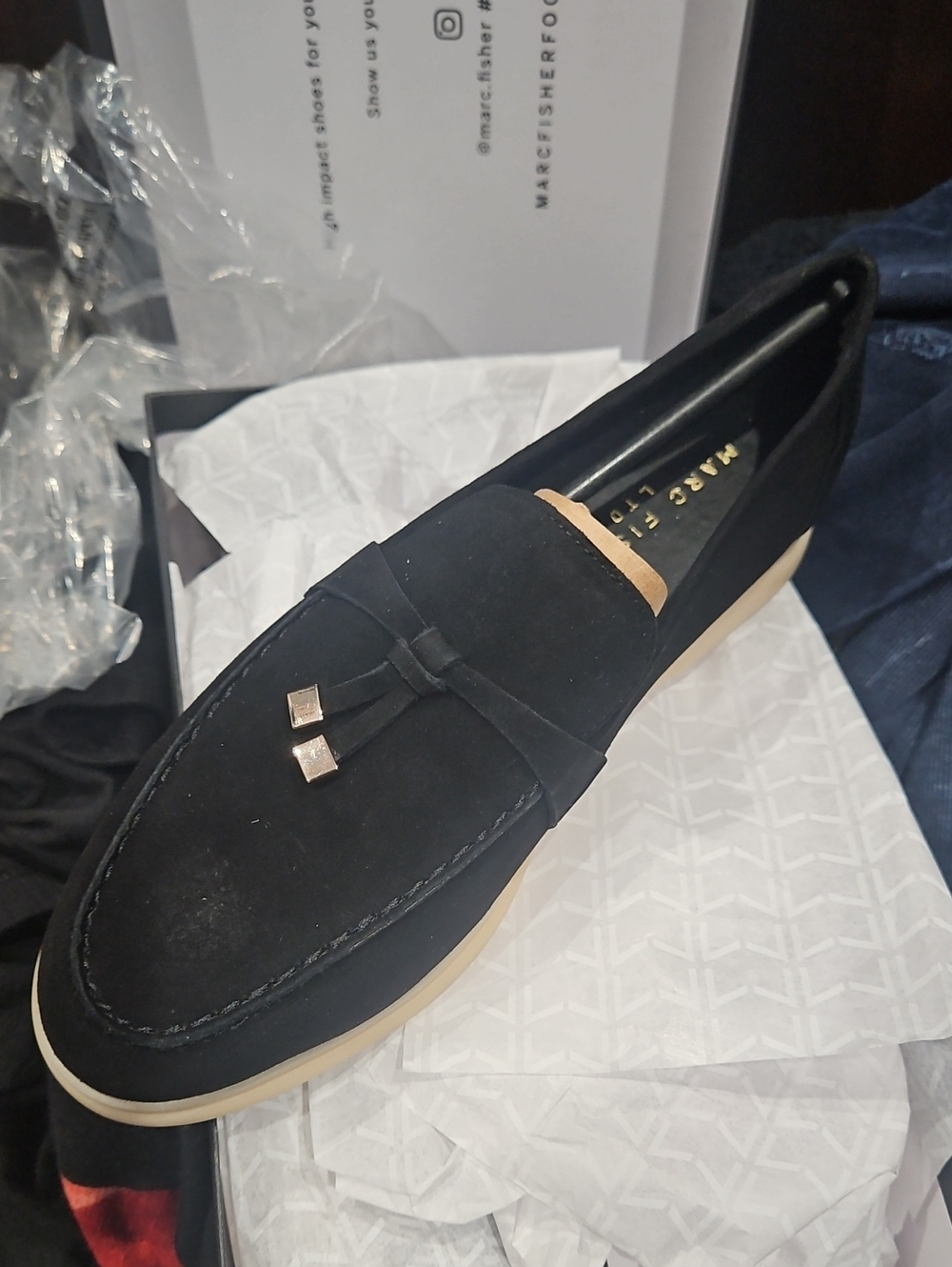 Marc Fisher Brand New Never Worn Black Suede Tassel Loafer with Cream Sole